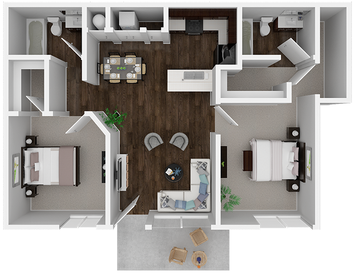 Floor plan for 2 beds, 2 baths, 830 sqft